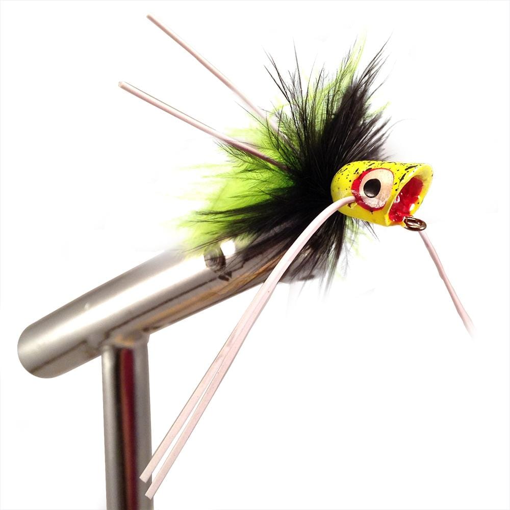 Concave Face Mini Panfish Popper, Size 10 | Black and Chartreuse | Qty 4